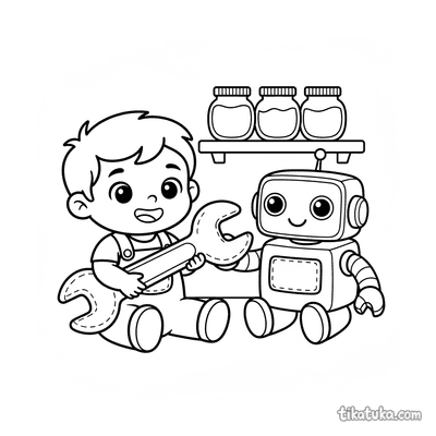 Toddler with Plush Robot Assistant